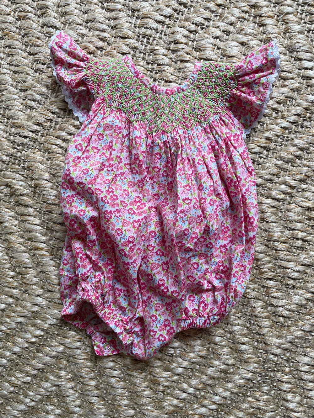 Smockingbird smocked floral bubble 6M